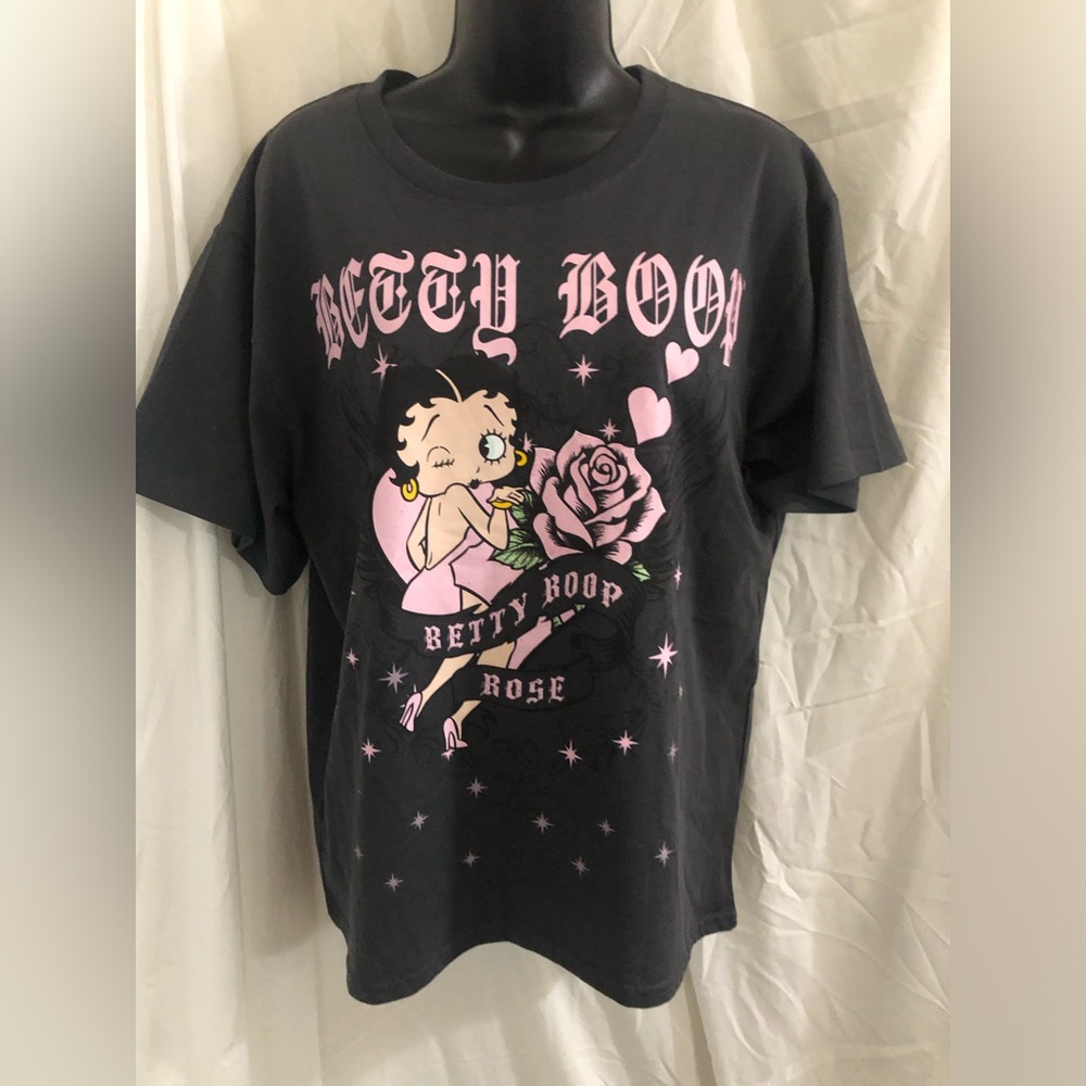 Betty boop pink roses‎ Betty boop rose graphic print washed black tshirt new